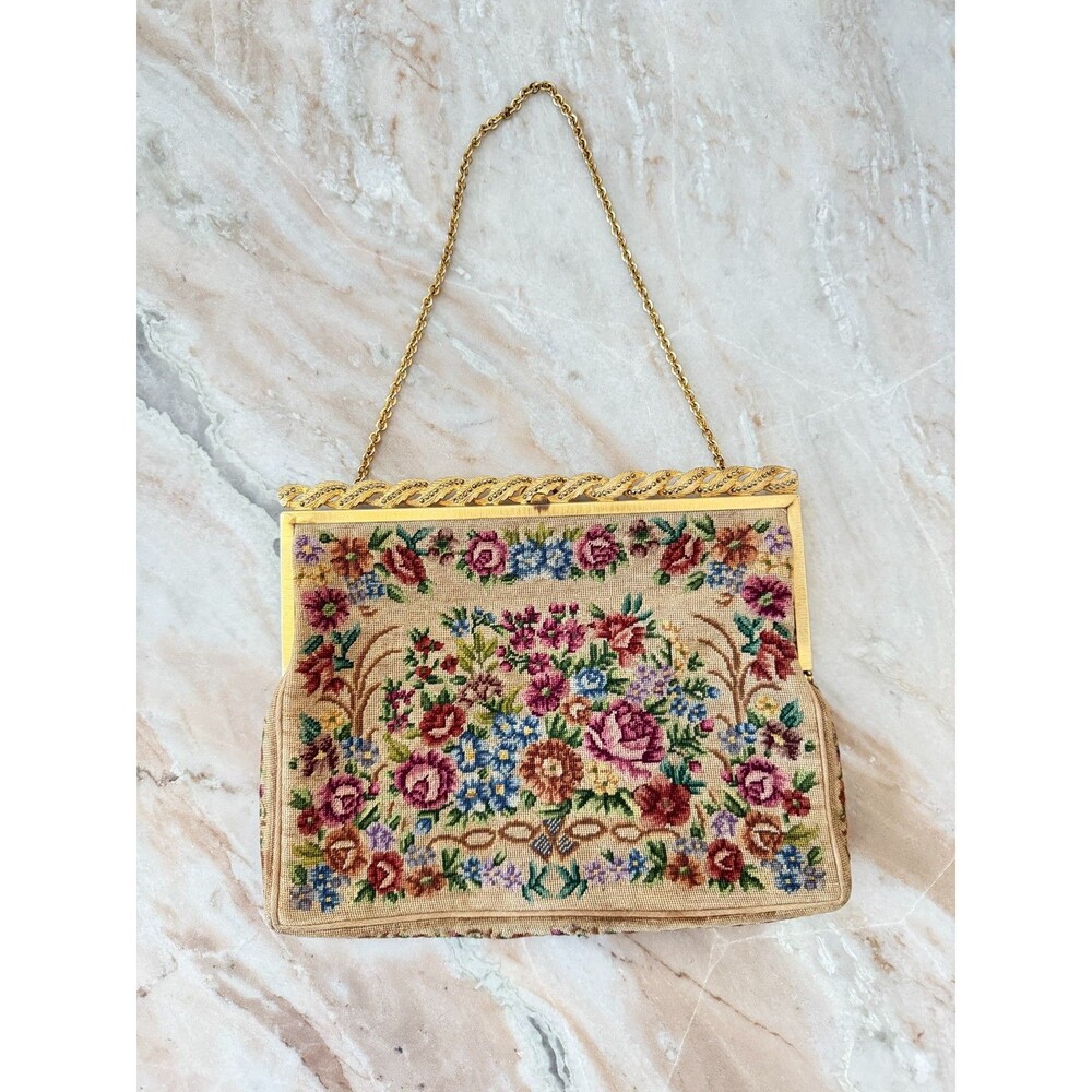 Vintage 1950's Handmade Petit Point Walborg Needlepoint Handbag Purse Floral